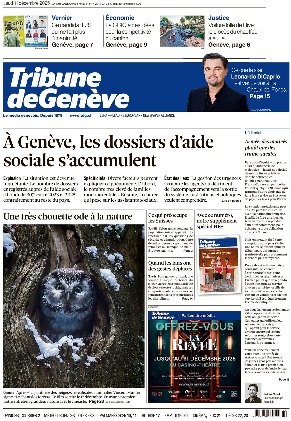 Prima Pagina Tribune de Genève 11/12/2025