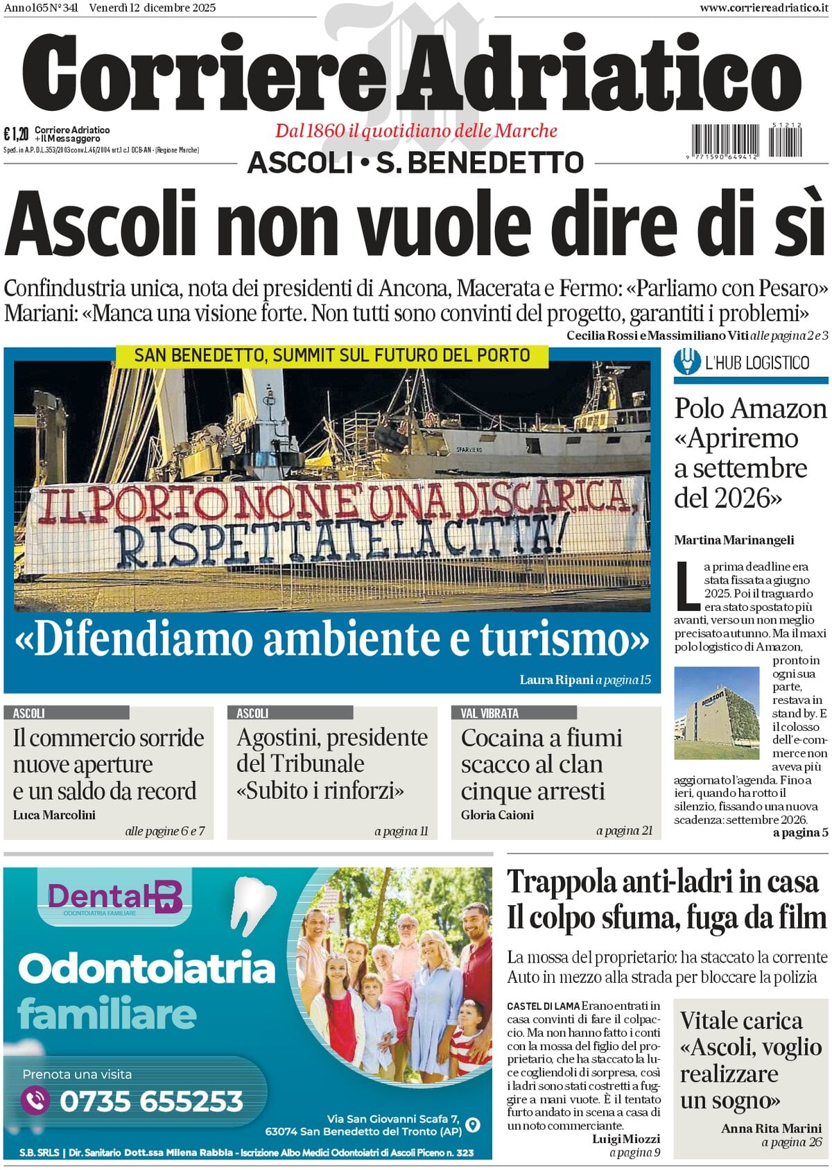 Prima Pagina Corriere Adriatico (Ascoli) 12/12/2025
