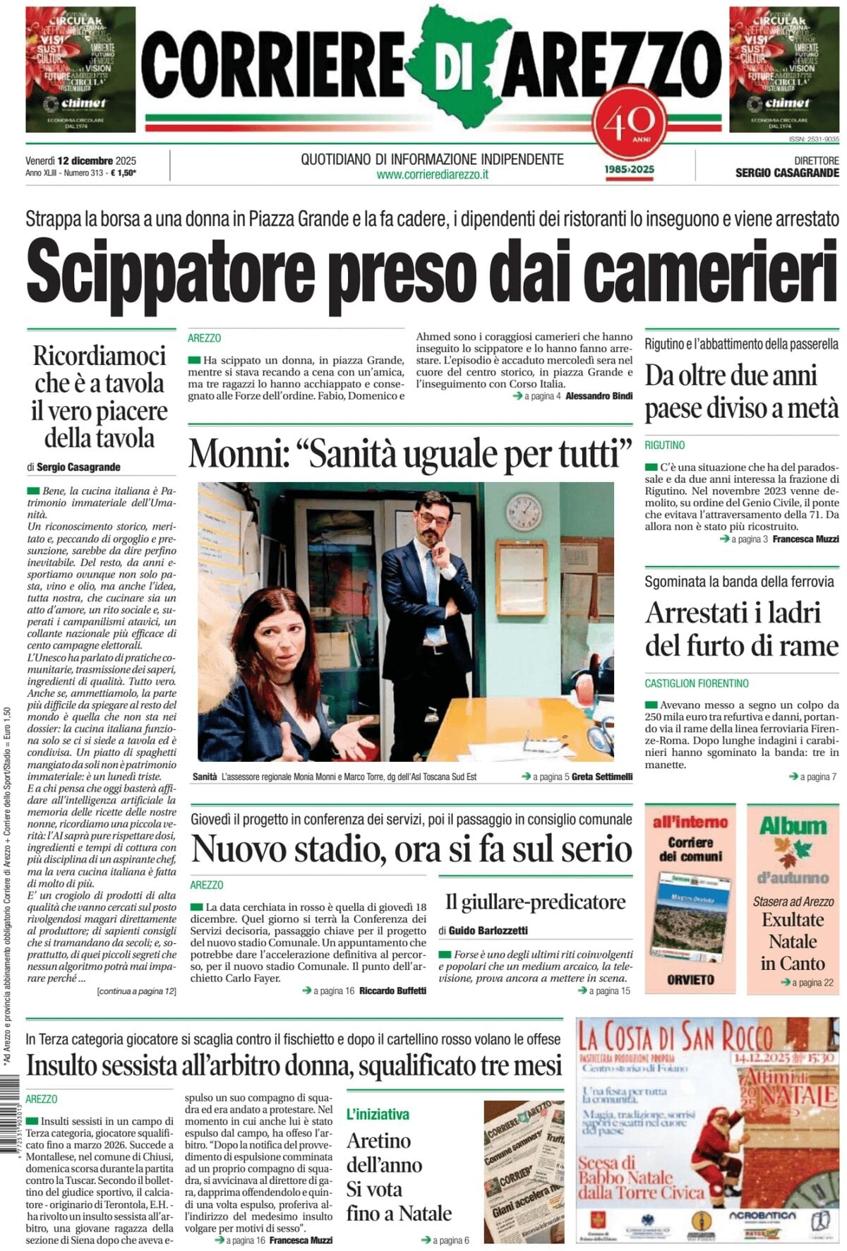 Prima Pagina Corriere di Arezzo 12/12/2025