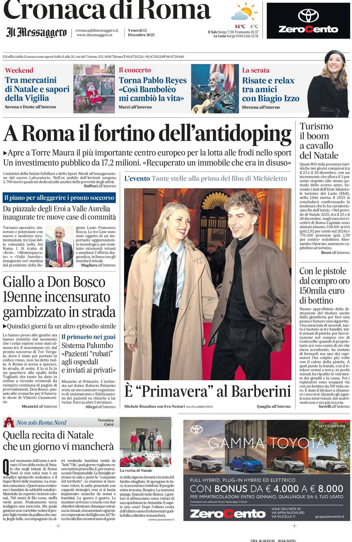 Prima Pagina Cronaca di Roma (Il Messaggero) 12/12/2025