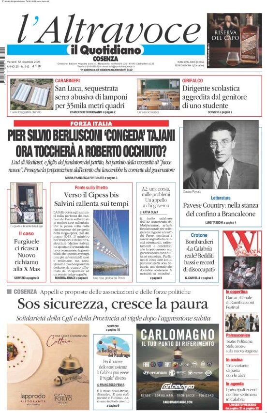 Prima Pagina Il Quotidiano del Sud (Cosenza) 12/12/2025