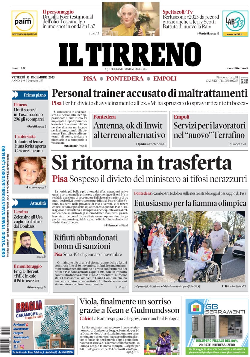 Prima Pagina Il Tirreno (Pisa, Pontedera) 12/12/2025