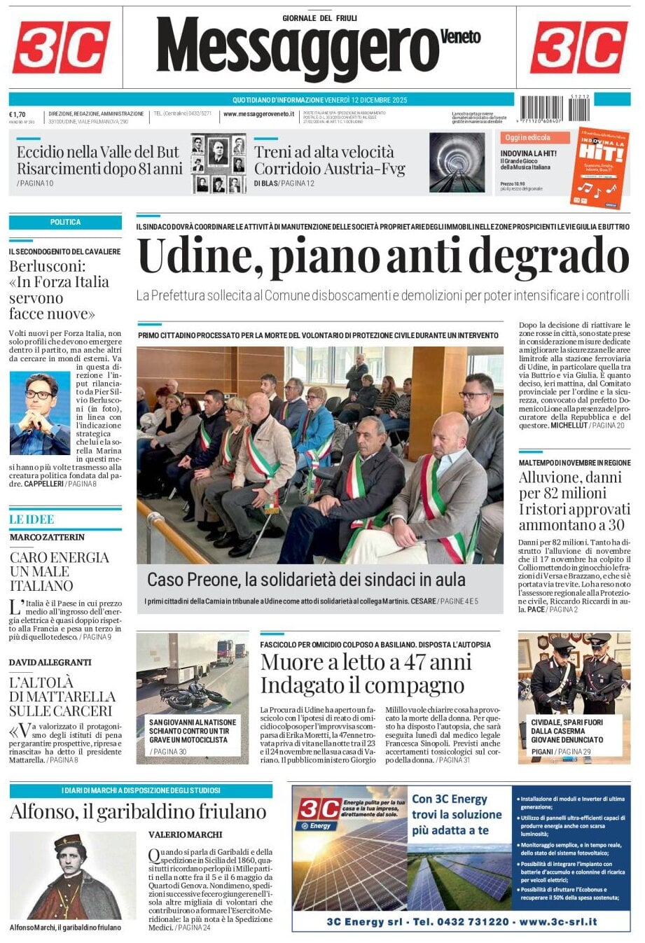Prima Pagina Messaggero Veneto (Udine) 12/12/2025