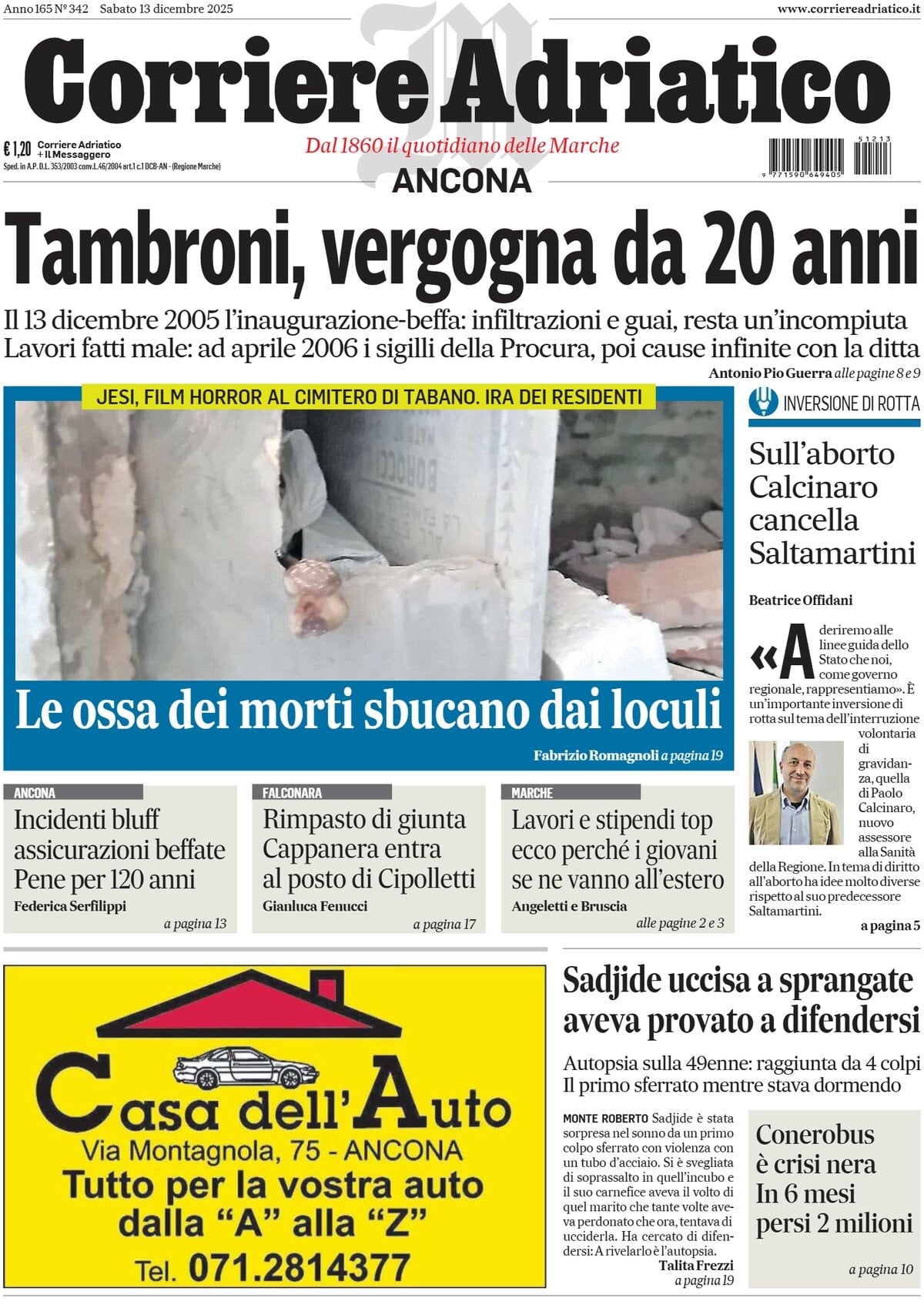 Prima Pagina Corriere Adriatico (Ancona) 13/12/2025