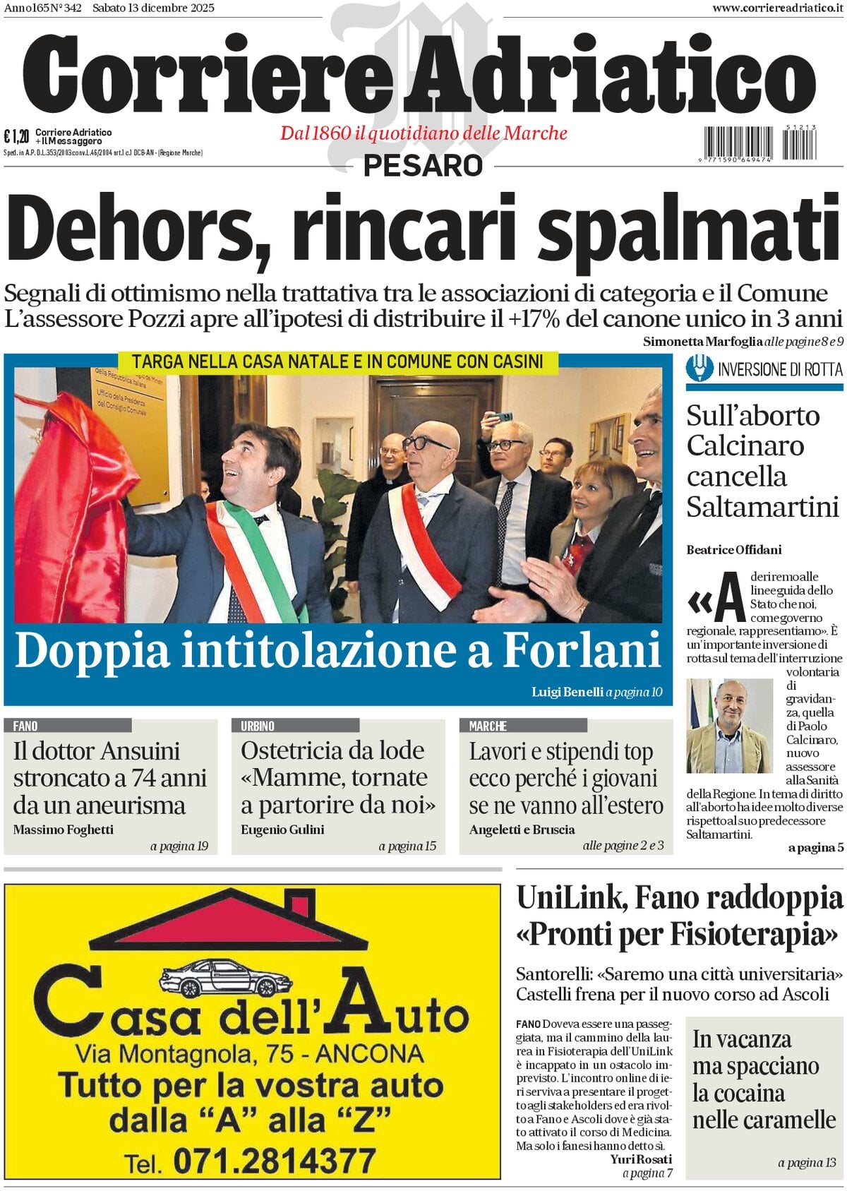 Prima Pagina Corriere Adriatico (Pesaro) 13/12/2025