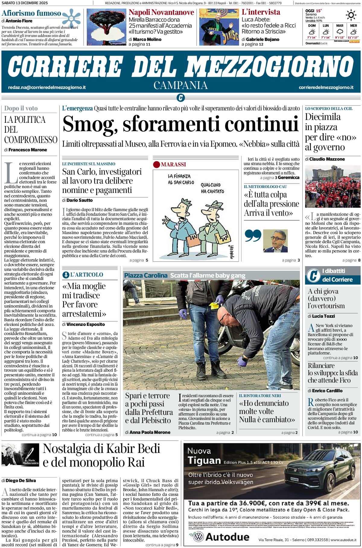 Prima Pagina Corriere del Mezzogiorno (Campania) 13/12/2025
