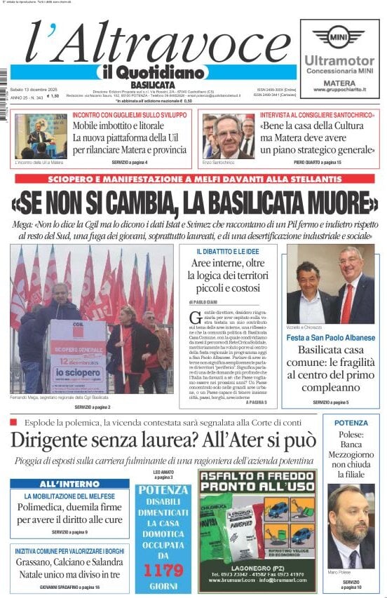 Prima Pagina Il Quotidiano del Sud (Basilicata) 13/12/2025