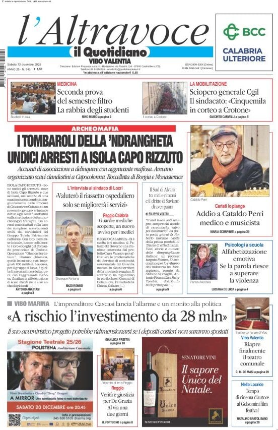 Prima Pagina Il Quotidiano del Sud (Vibo Valentia) 13/12/2025