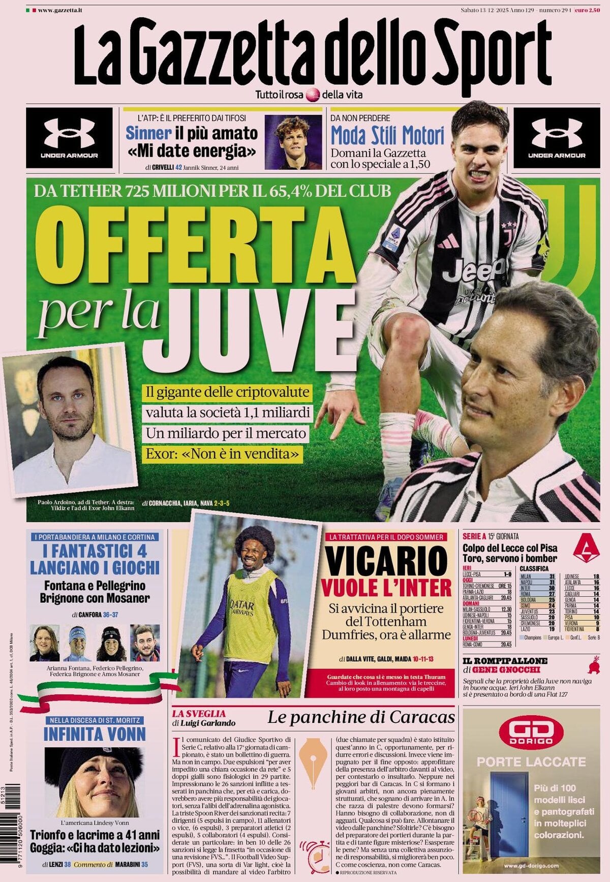 Prima Pagina La Gazzetta dello Sport 13/12/2025