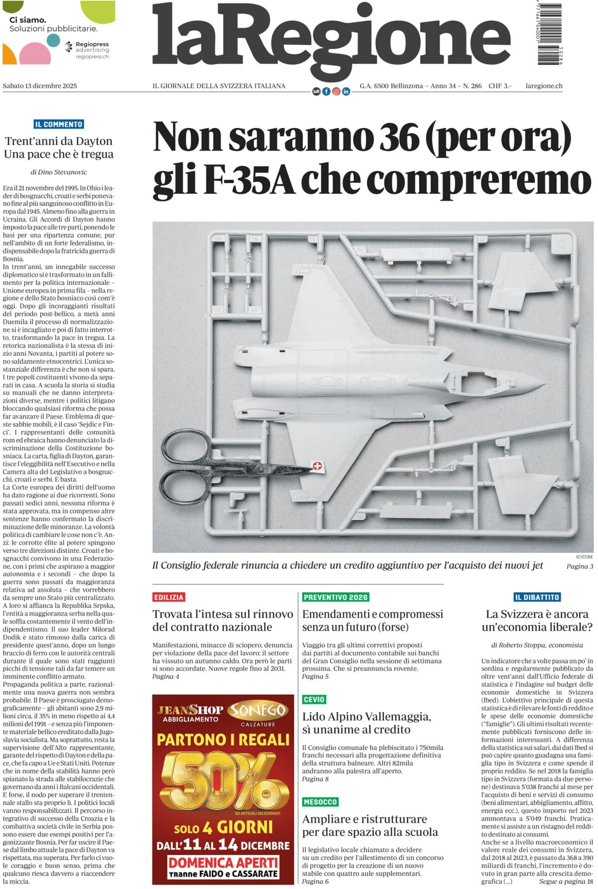 Prima Pagina laRegione 13/12/2025