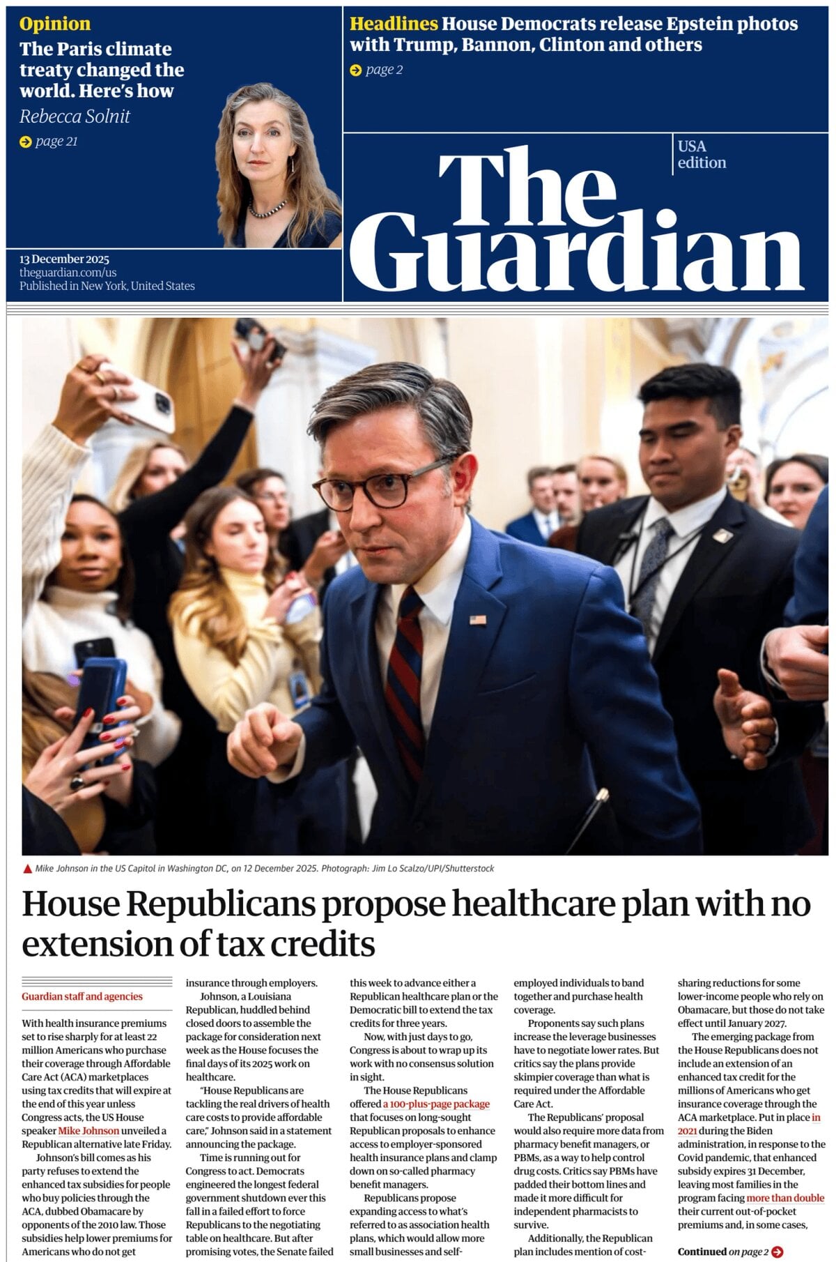 Prima Pagina The Guardian US 13/12/2025