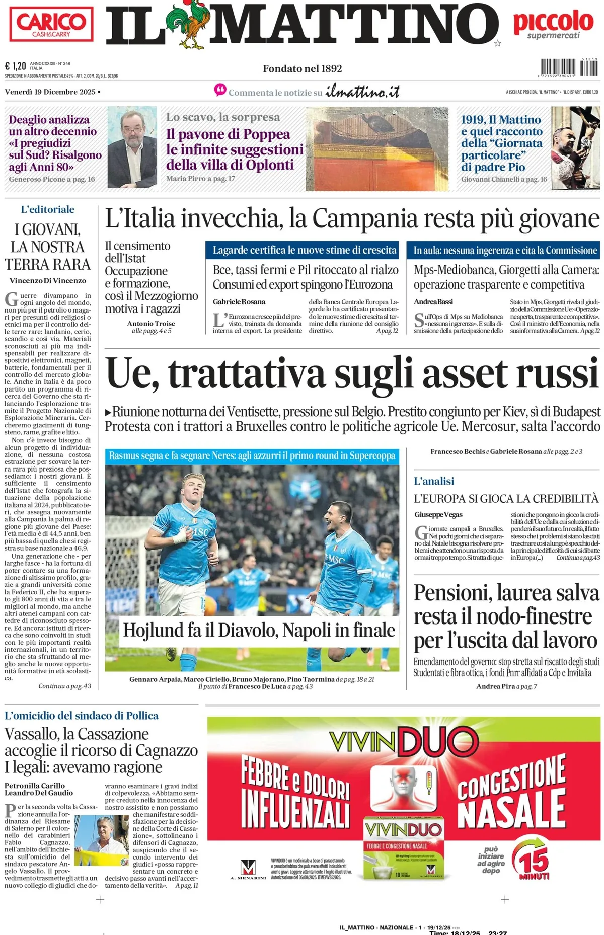 Prima Pagina Il Mattino 19/12/2025