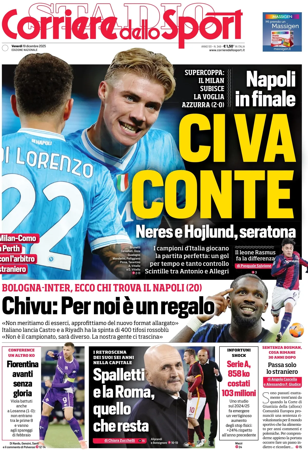 Prima Pagina Corriere dello Sport 19/12/2025