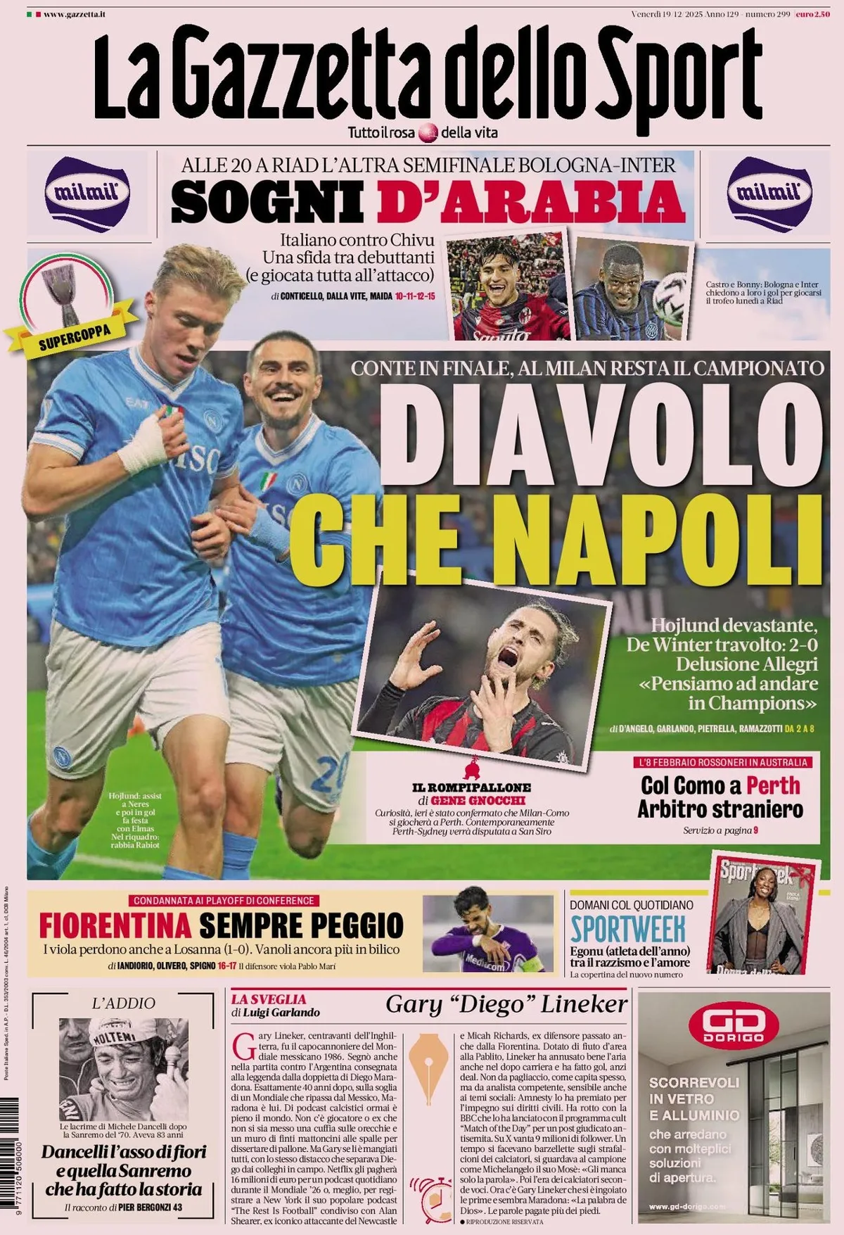 Prima Pagina La Gazzetta dello Sport 19/12/2025
