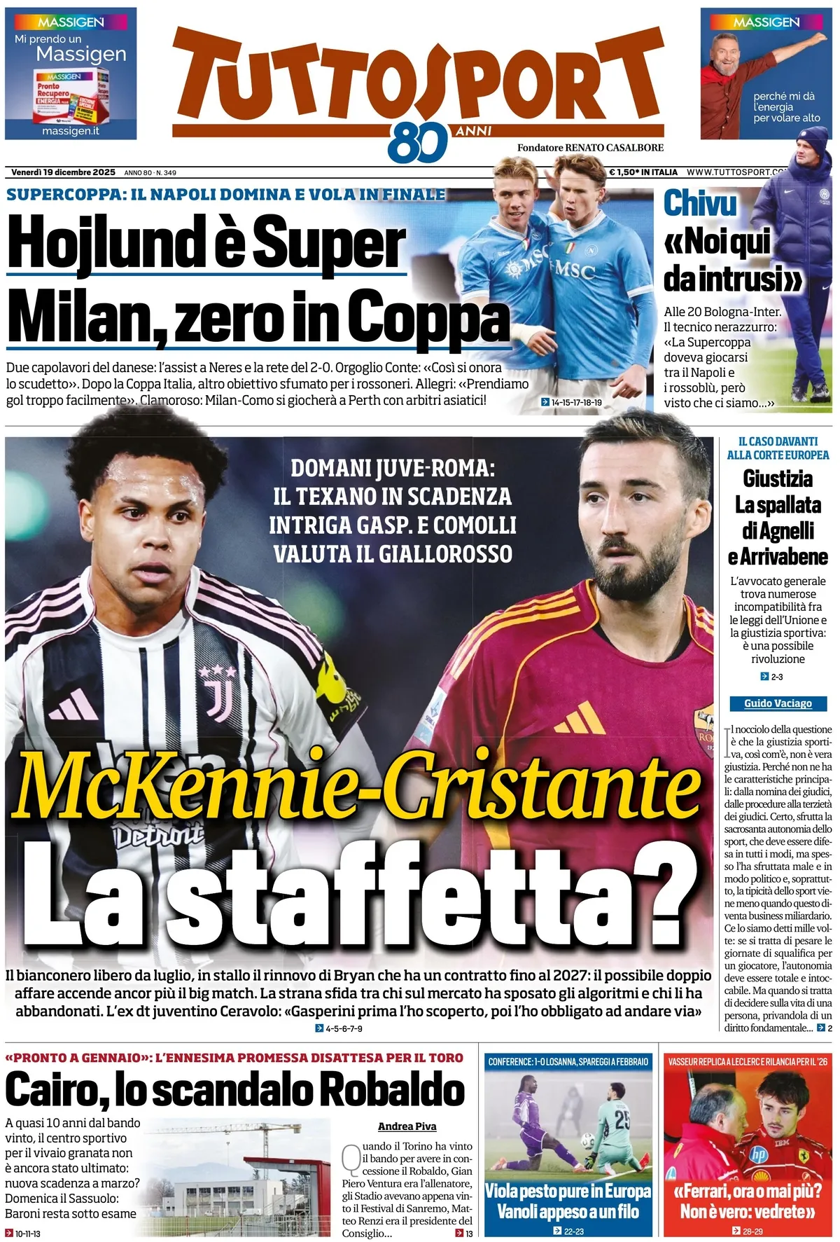 Prima Pagina Tuttosport 19/12/2025