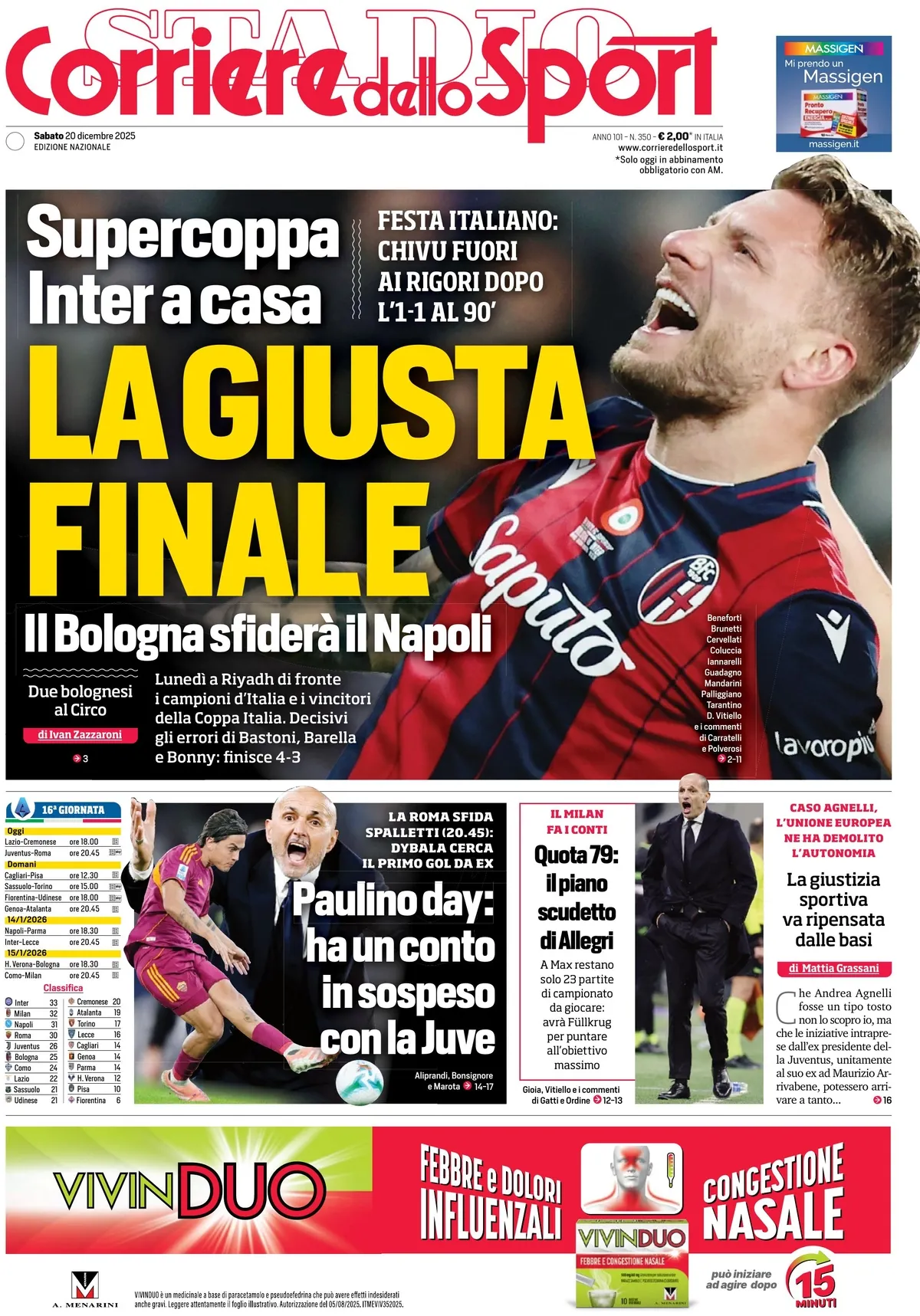 Prima Pagina Corriere dello Sport 20/12/2025