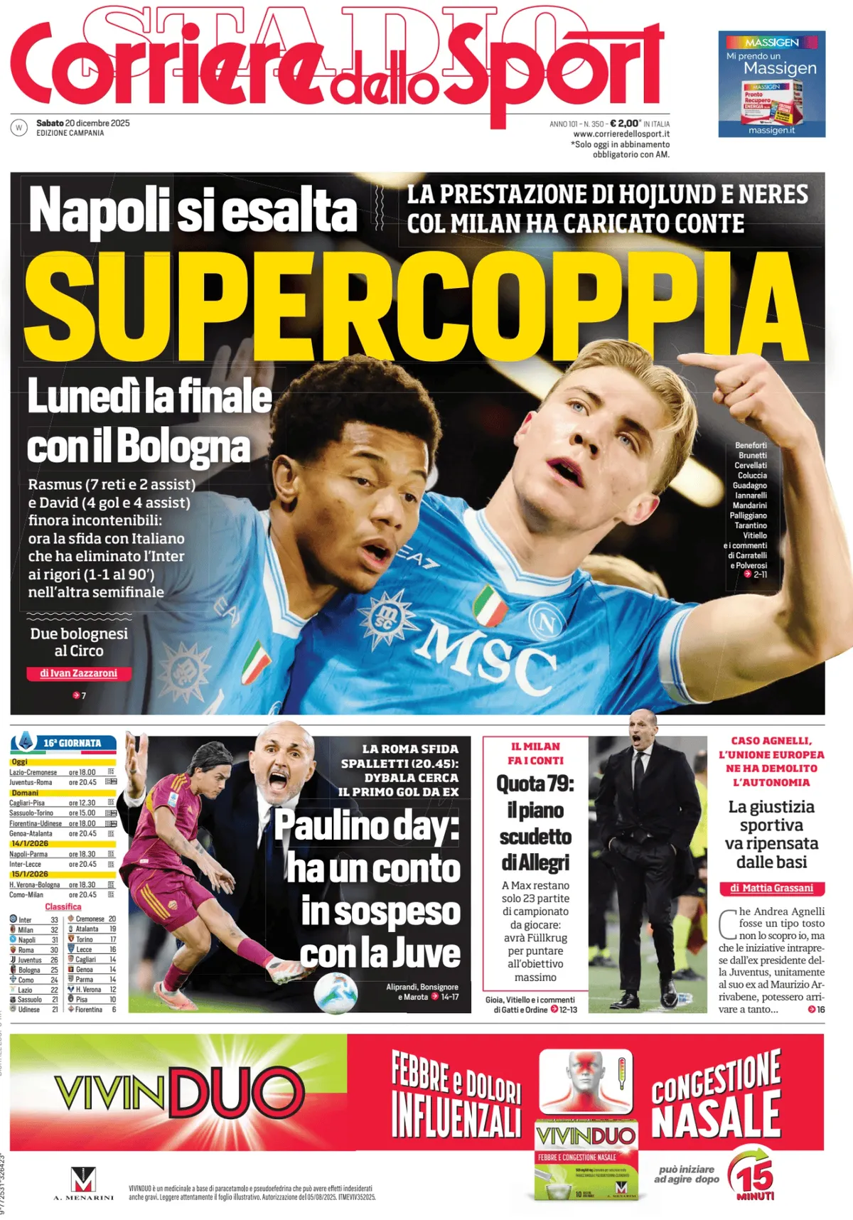 Prima Pagina Corriere dello Sport (Campania) 20/12/2025