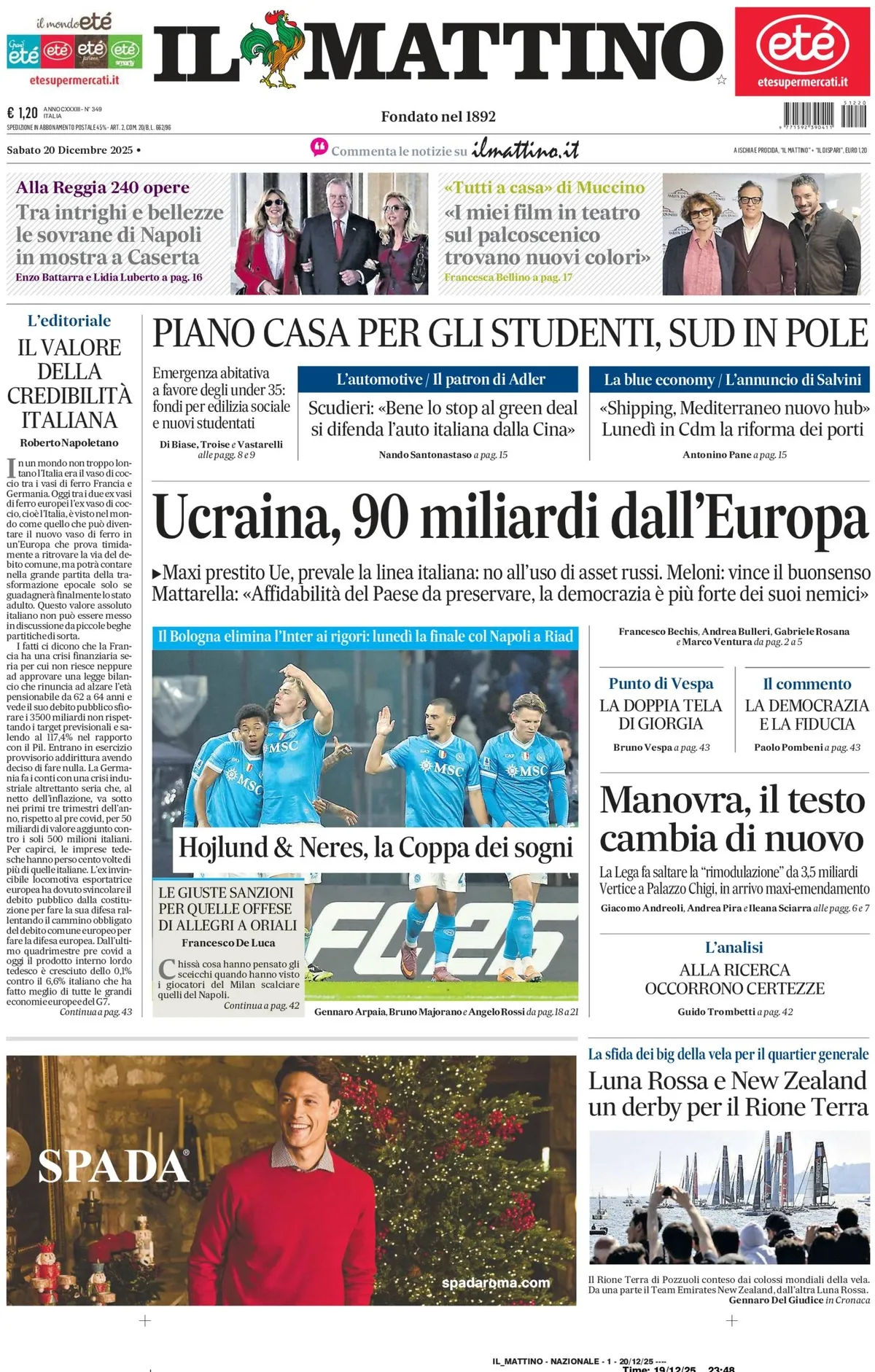 Prima Pagina Il Mattino 20/12/2025