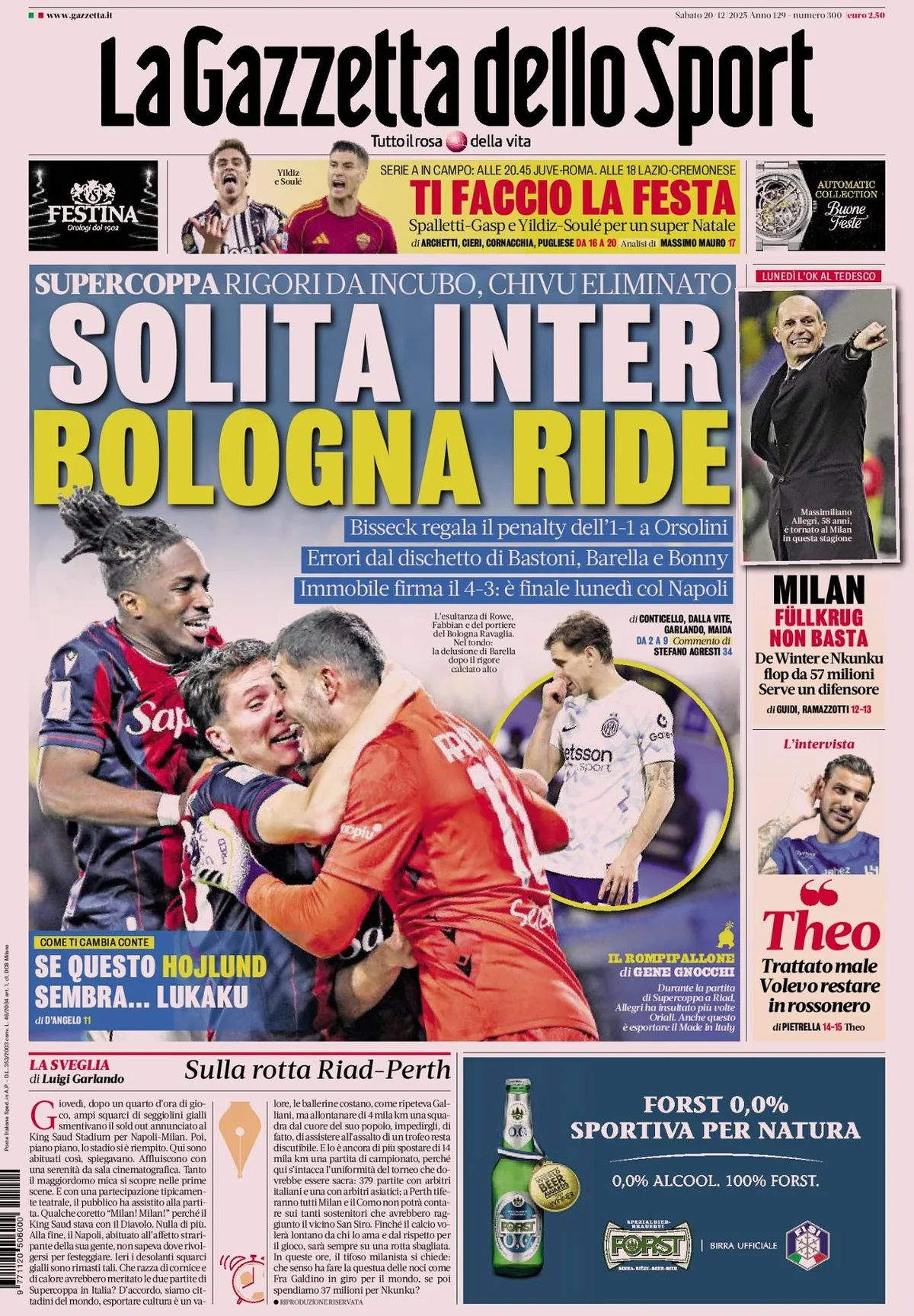 Prima Pagina La Gazzetta dello Sport 20/12/2025