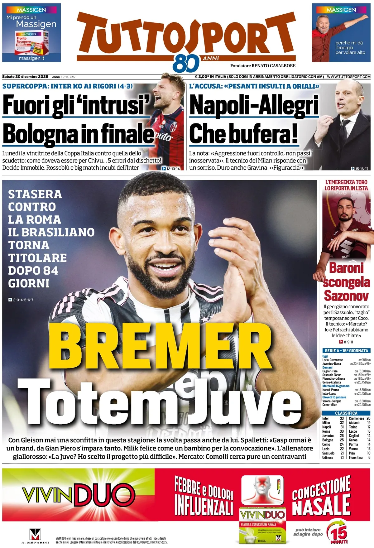 Prima Pagina Tuttosport 20/12/2025