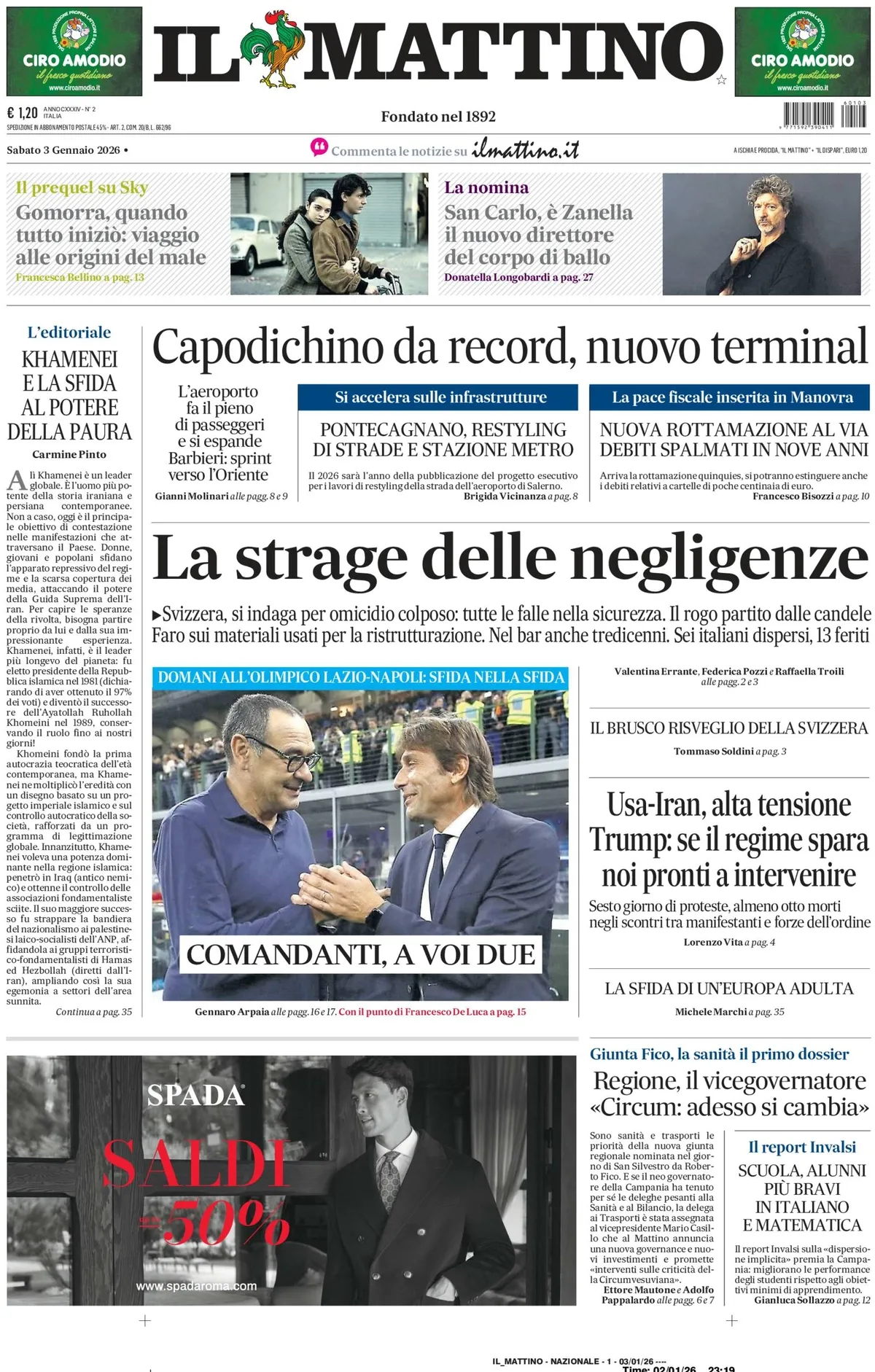 Prima Pagina Il Mattino 03/01/2026