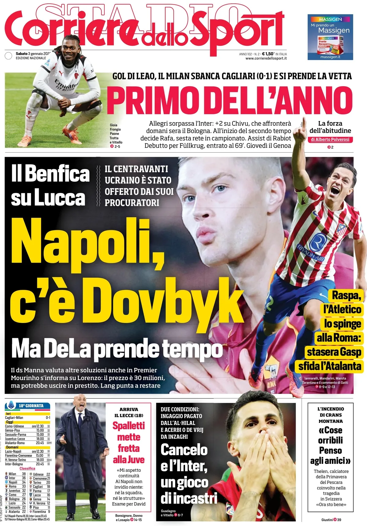 Prima Pagina Corriere dello Sport 03/01/2026