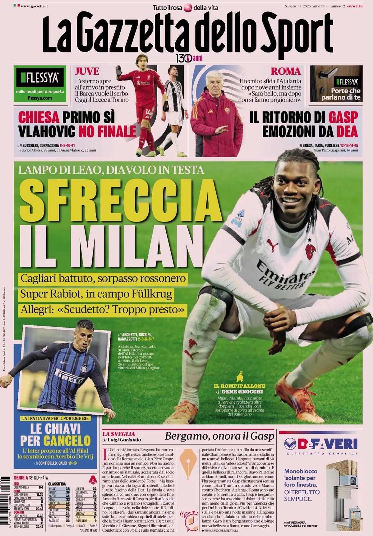 Prima Pagina La Gazzetta dello Sport 03/01/2026