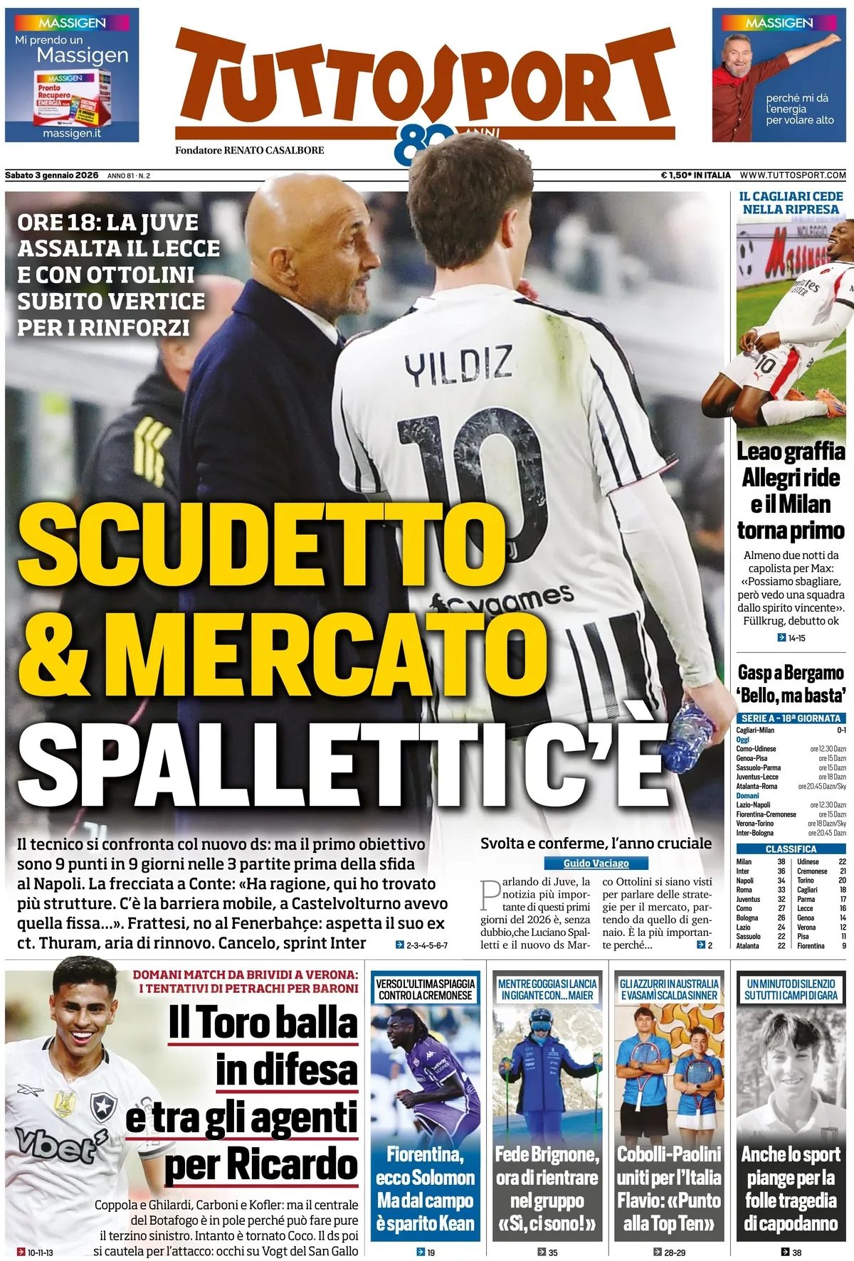 Prima Pagina Tuttosport 03/01/2026