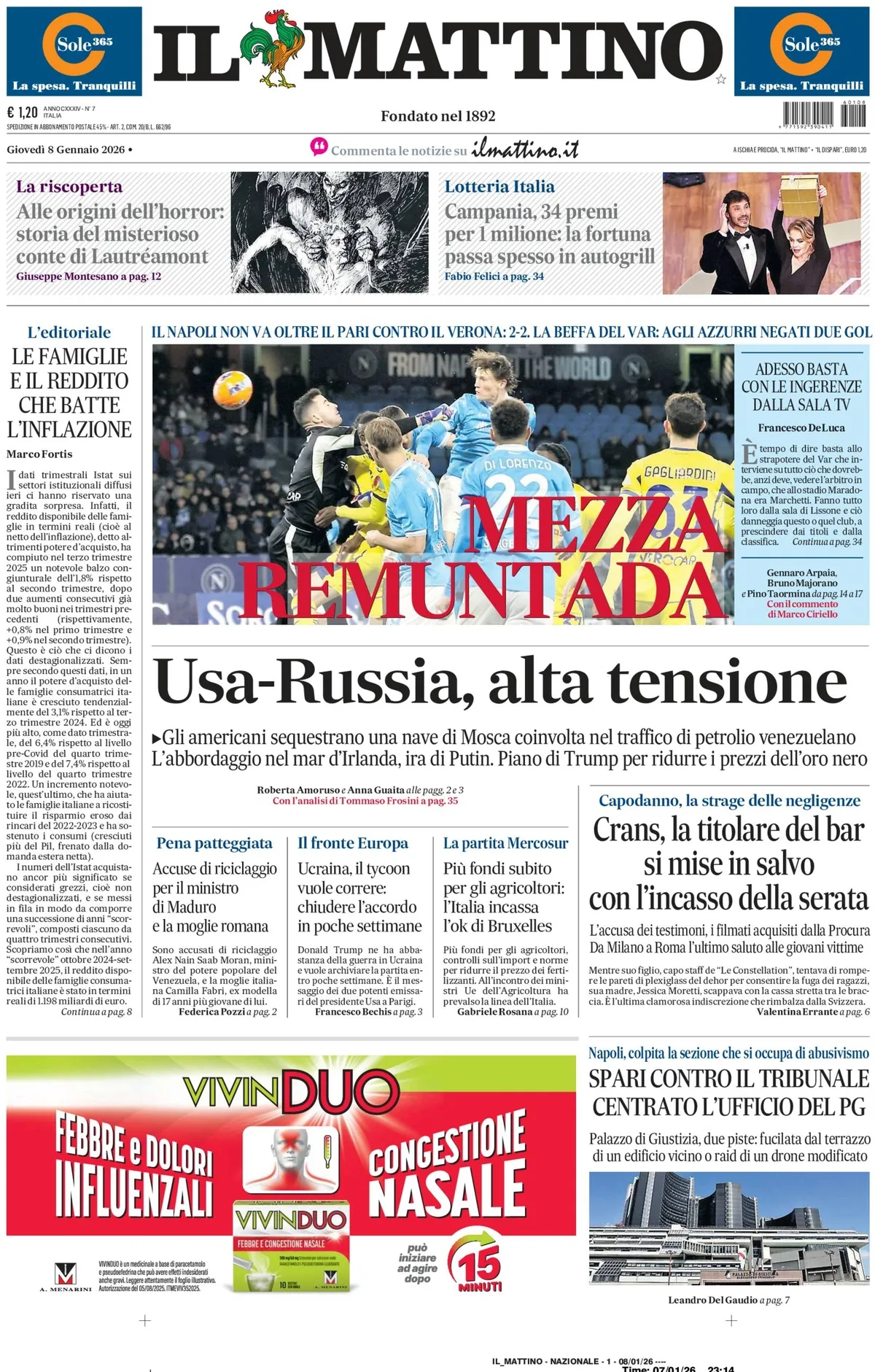 Prima Pagina Il Mattino 08/01/2026
