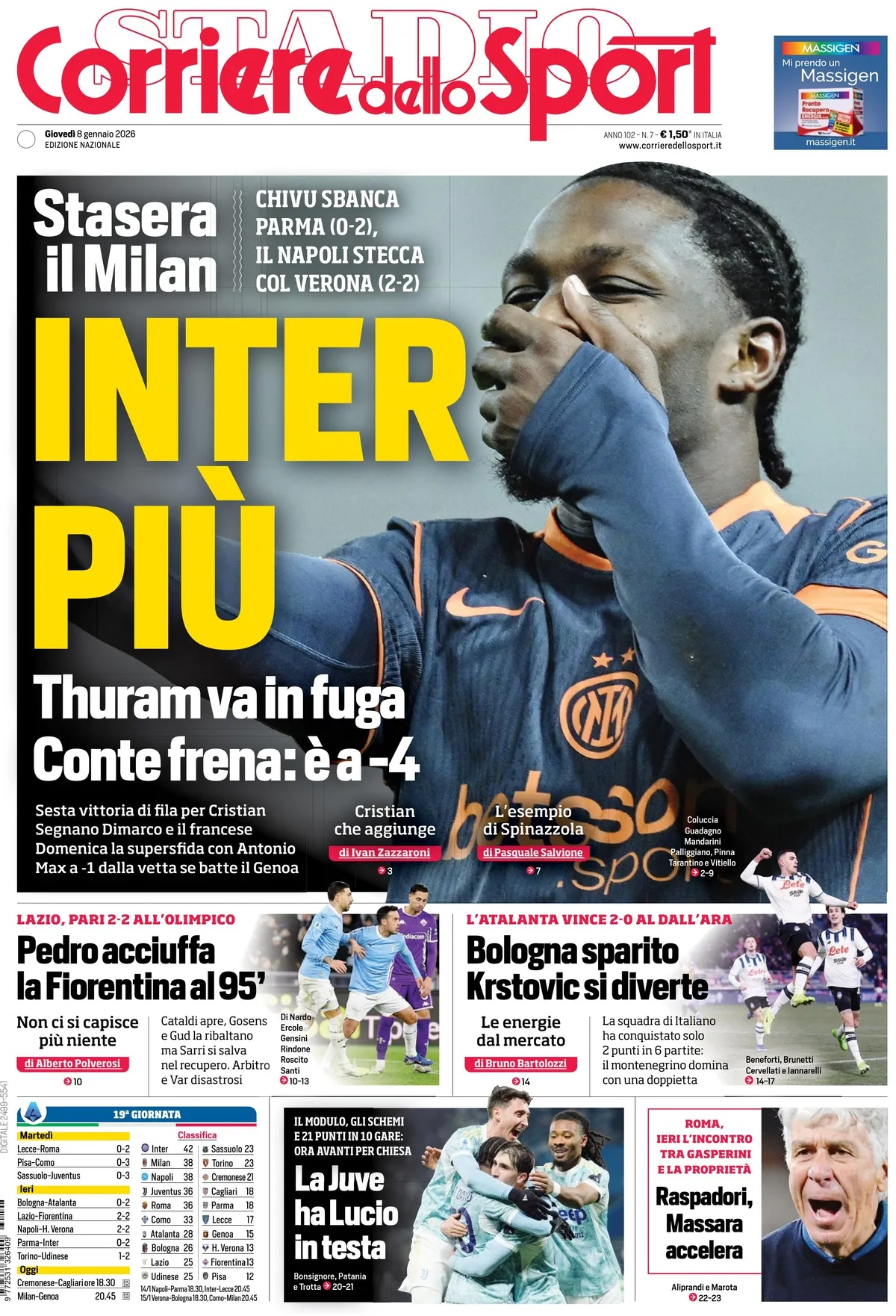 Prima Pagina Corriere dello Sport 08/01/2026