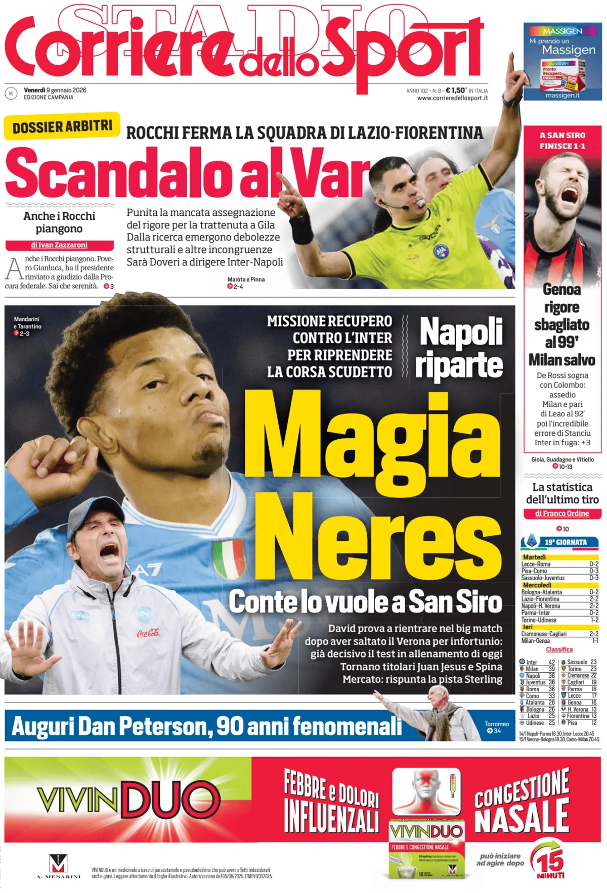 Prima Pagina Corriere dello Sport (Campania) 09/01/2026