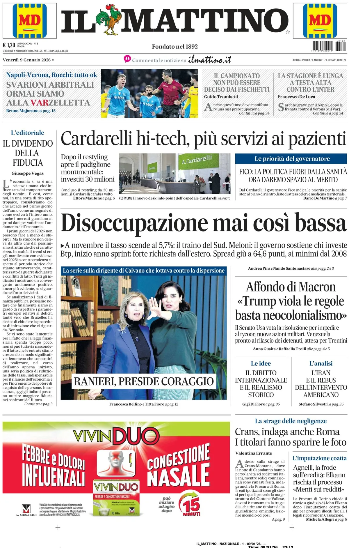 Prima Pagina Il Mattino 09/01/2026