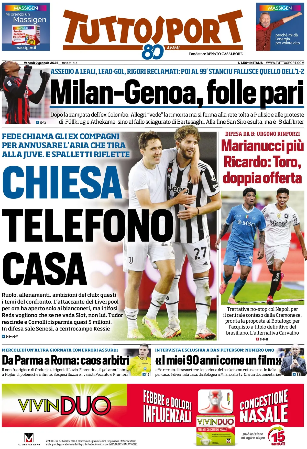 Prima Pagina Tuttosport 09/01/2026