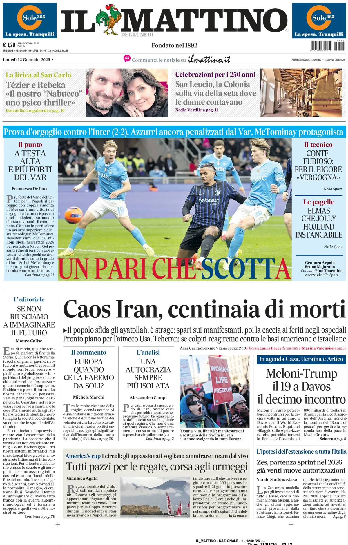 Prima Pagina Il Mattino 12/01/2026
