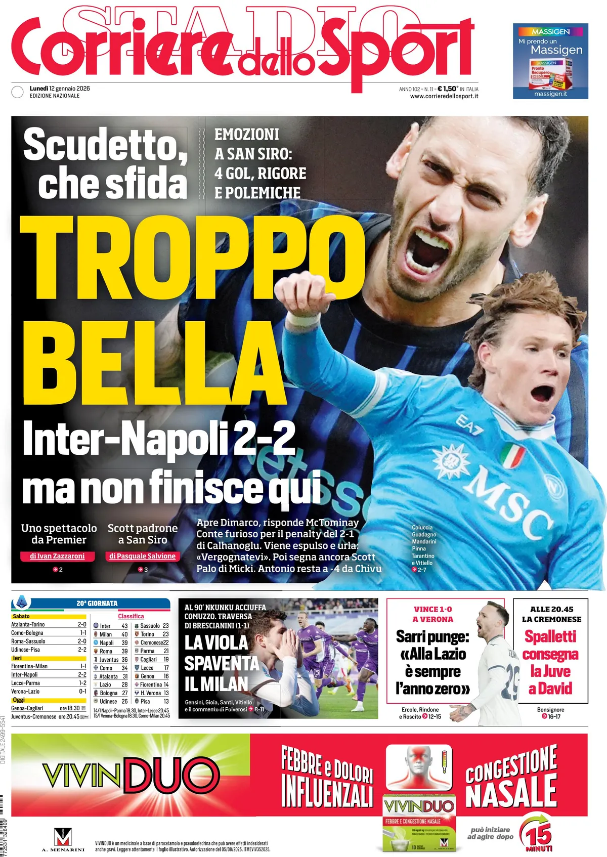Prima Pagina Corriere dello Sport 12/01/2026