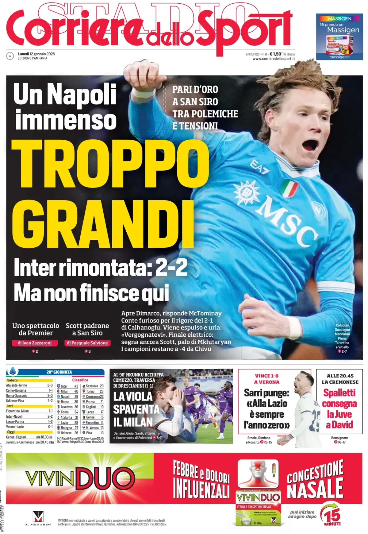 Prima Pagina Corriere dello Sport (Campania) 12/01/2026