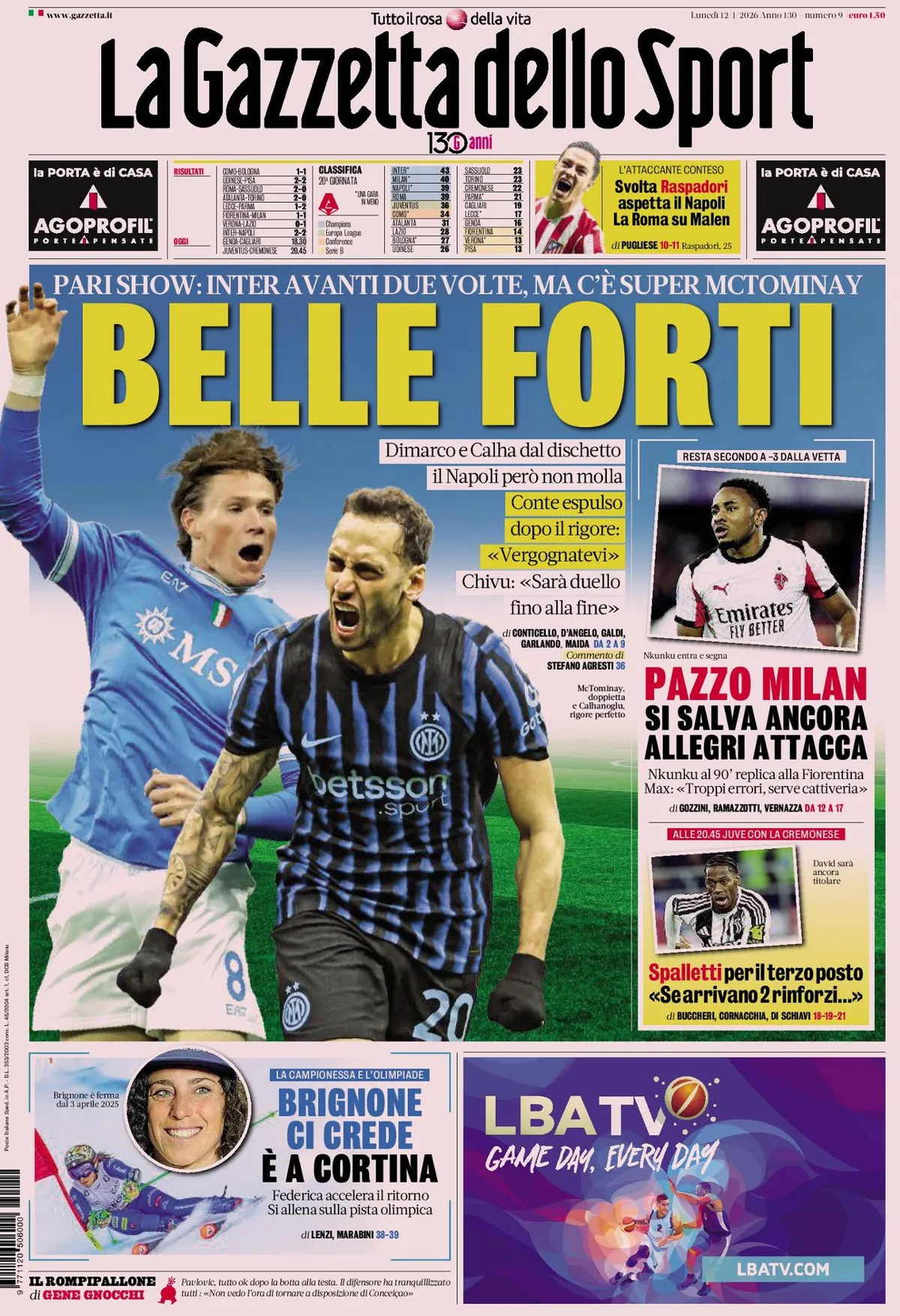 Prima Pagina La Gazzetta dello Sport 12/01/2026