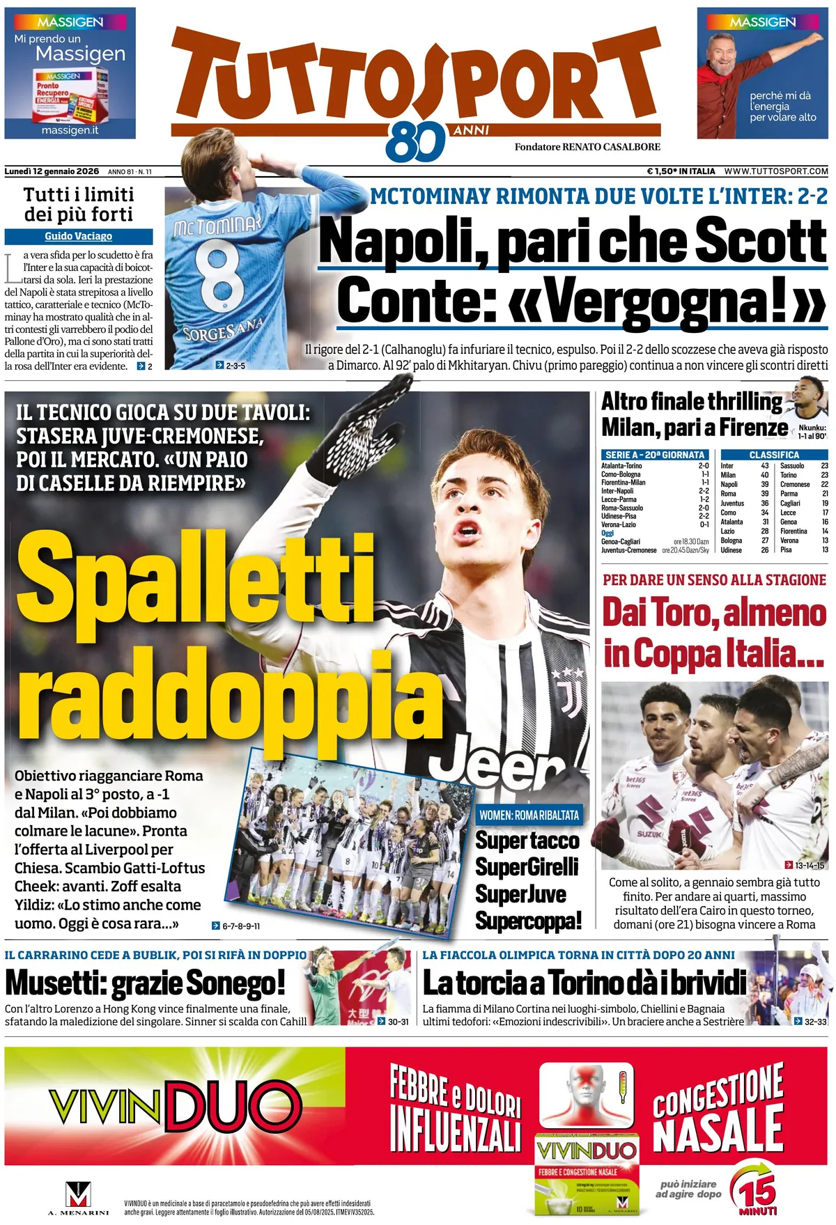 Prima Pagina Tuttosport 12/01/2026
