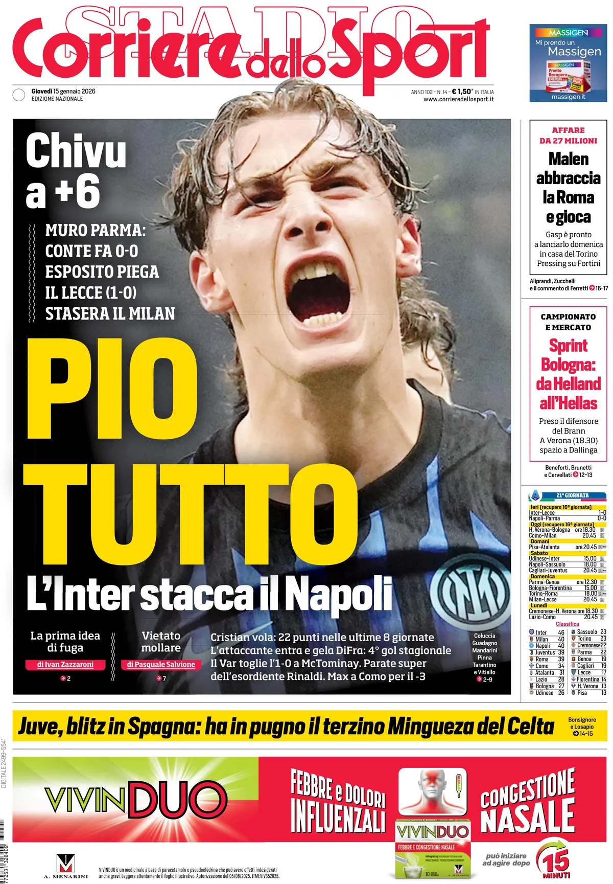 Prima Pagina Corriere dello Sport 15/01/2026