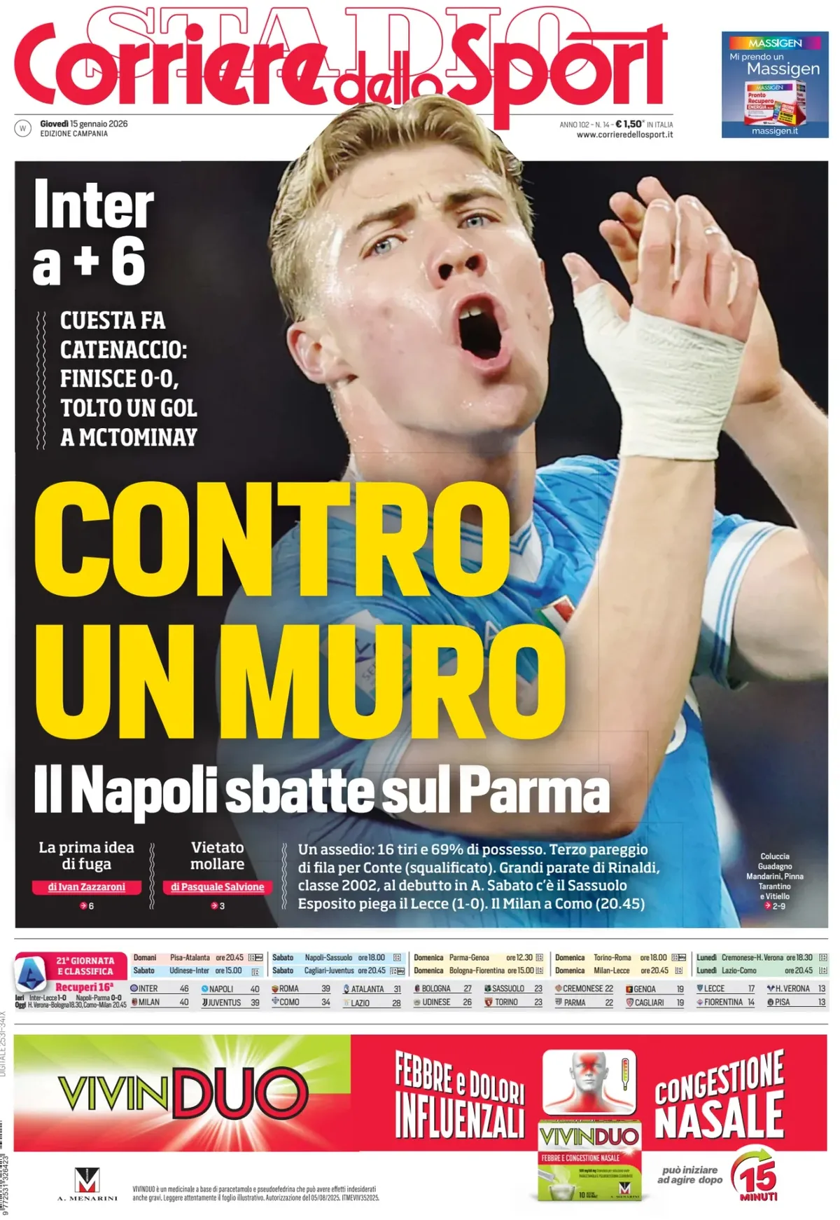 Prima Pagina Corriere dello Sport (Campania) 15/01/2026