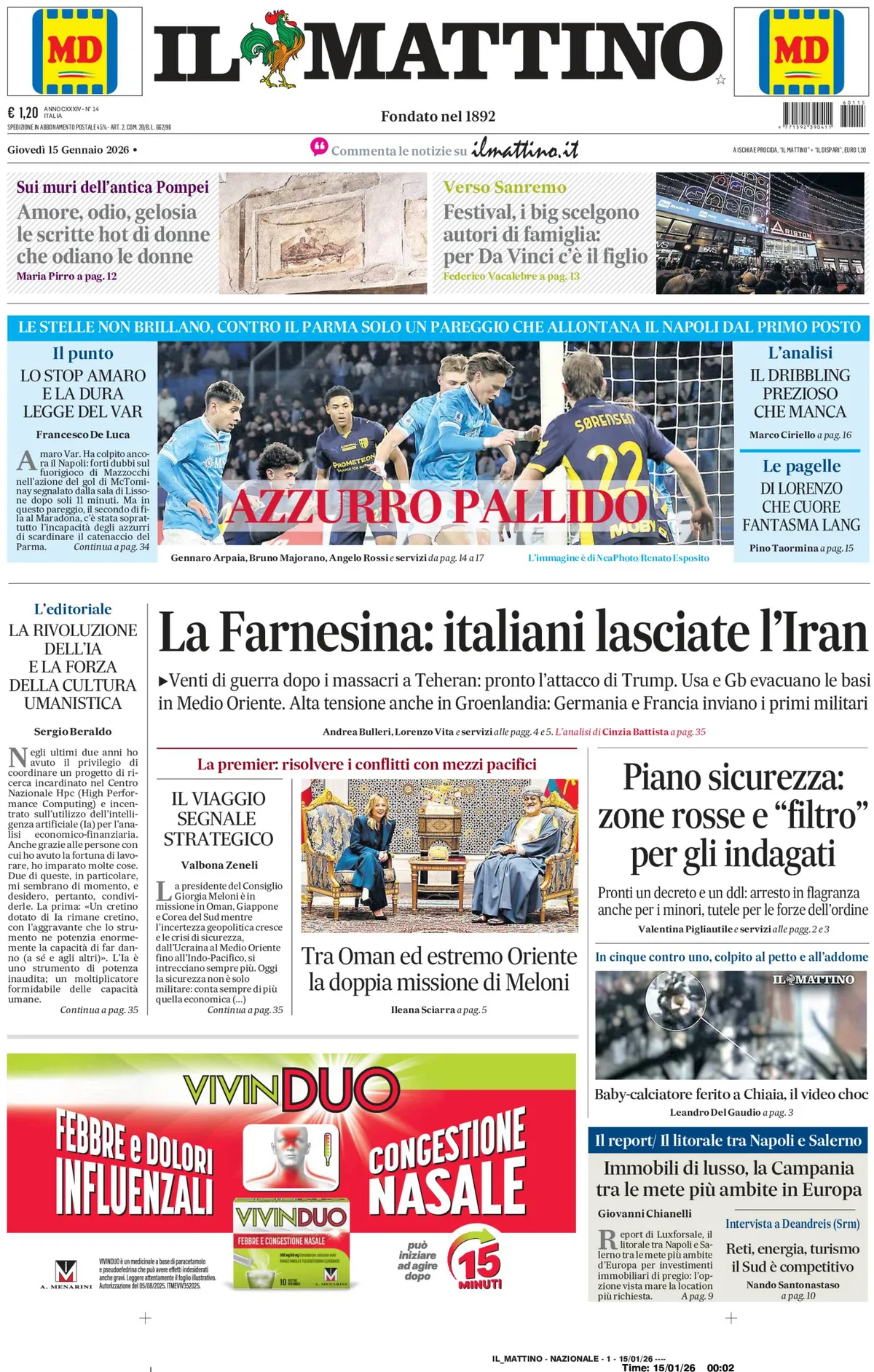 Prima Pagina Il Mattino 15/01/2026