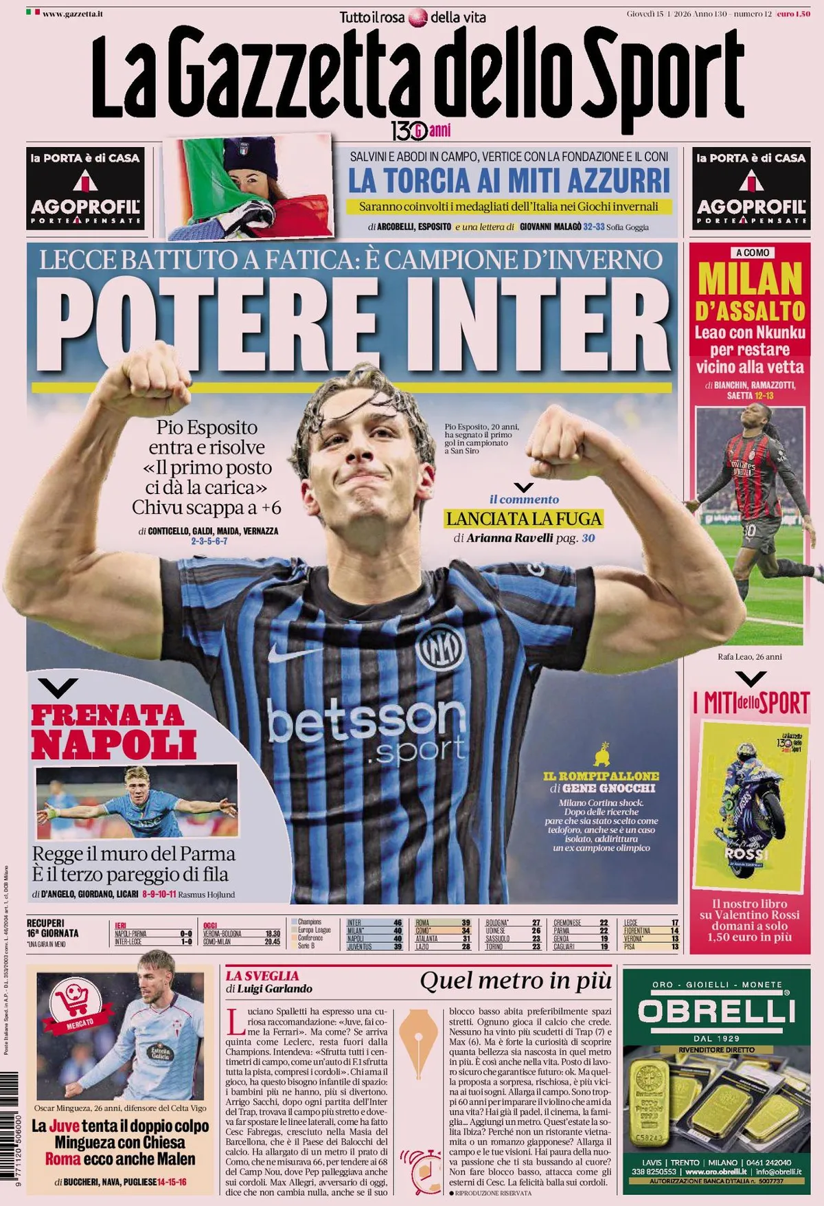 Prima Pagina La Gazzetta dello Sport 15/01/2026