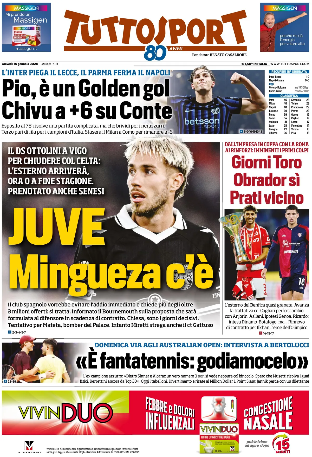 Prima Pagina Tuttosport 15/01/2026