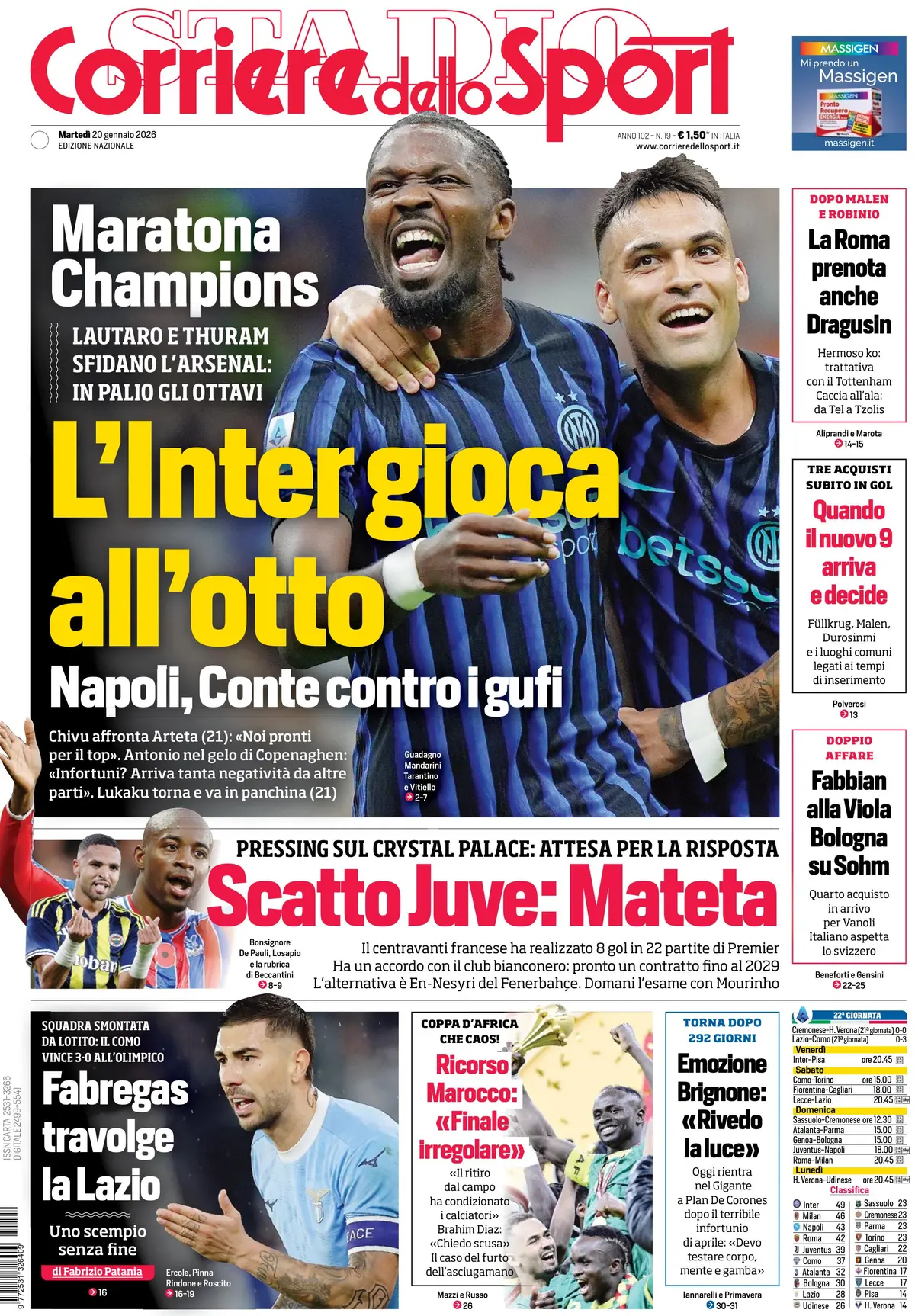 Prima Pagina Corriere dello Sport 20/01/2026