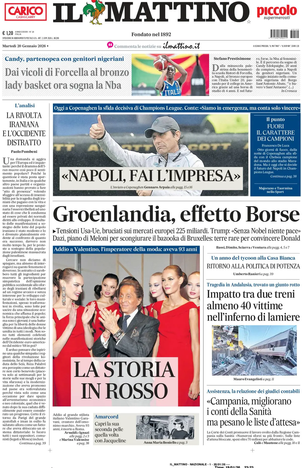 Prima Pagina Il Mattino 20/01/2026