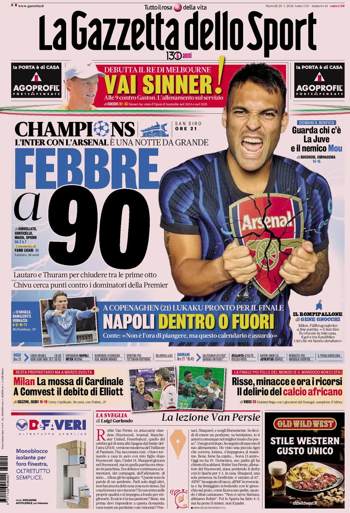 Prima Pagina La Gazzetta dello Sport 20/01/2026