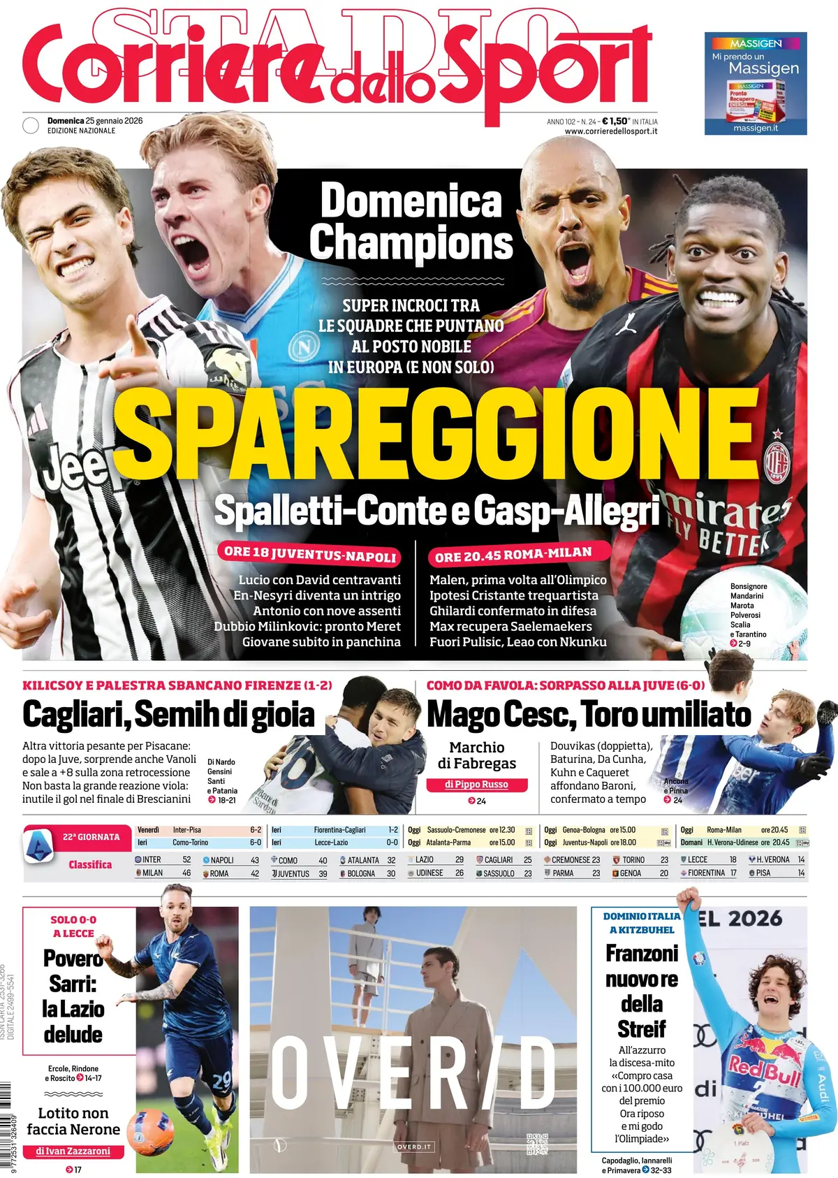 Prima Pagina Corriere dello Sport 25/01/2026