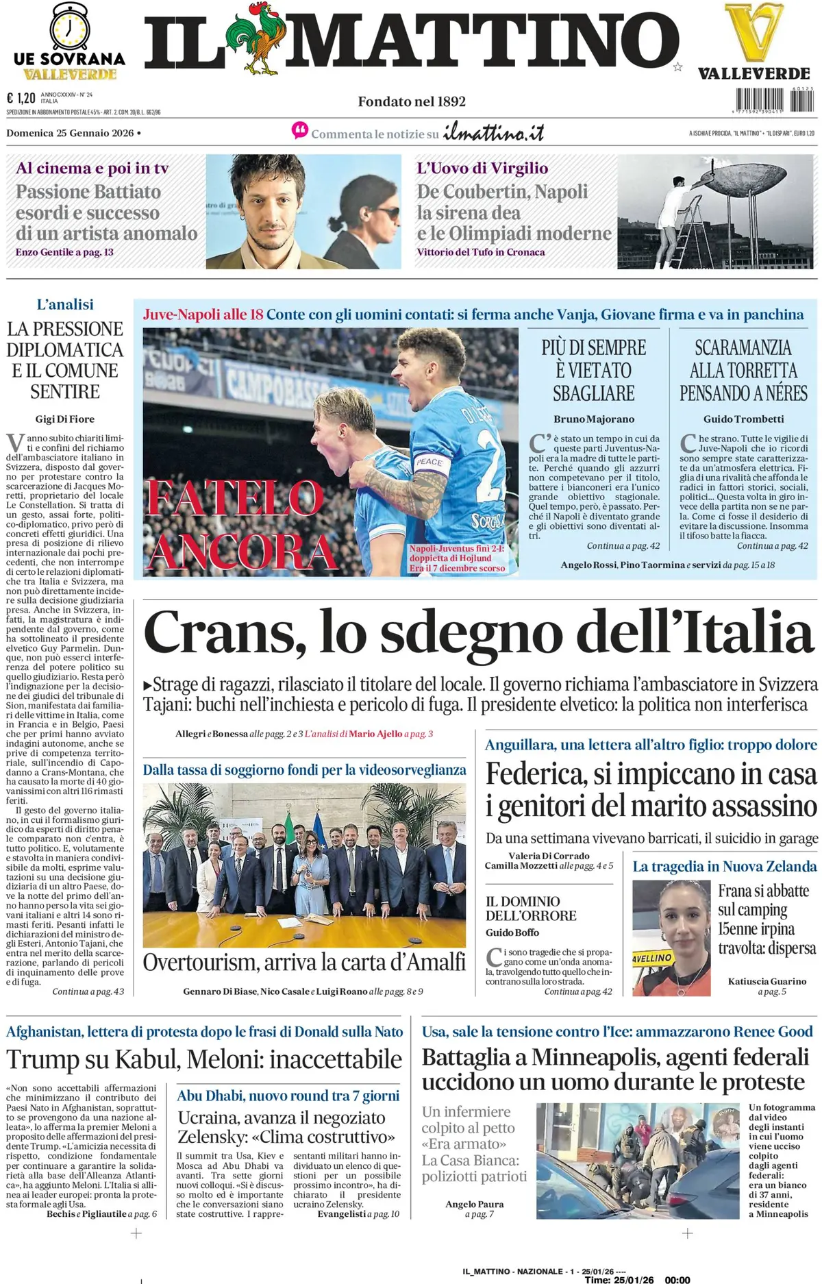 Prima Pagina Il Mattino 25/01/2026