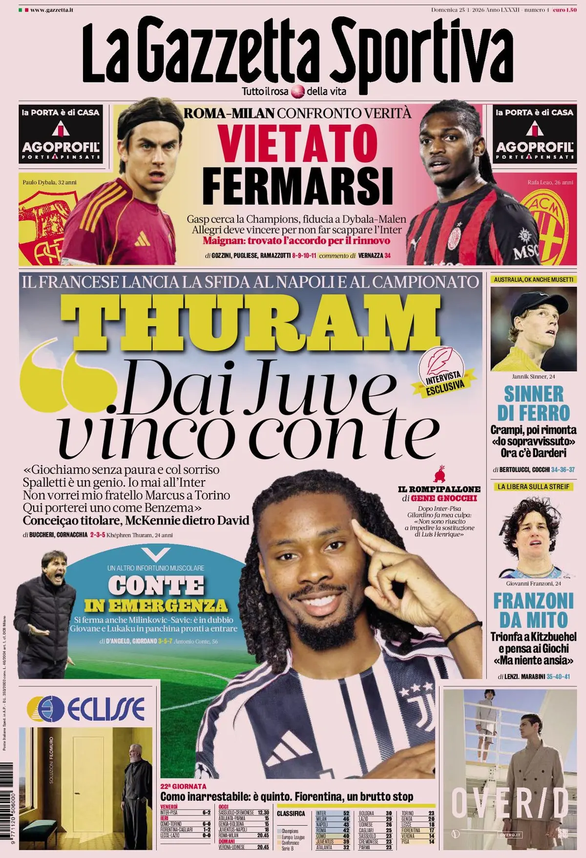 Prima Pagina La Gazzetta dello Sport 25/01/2026