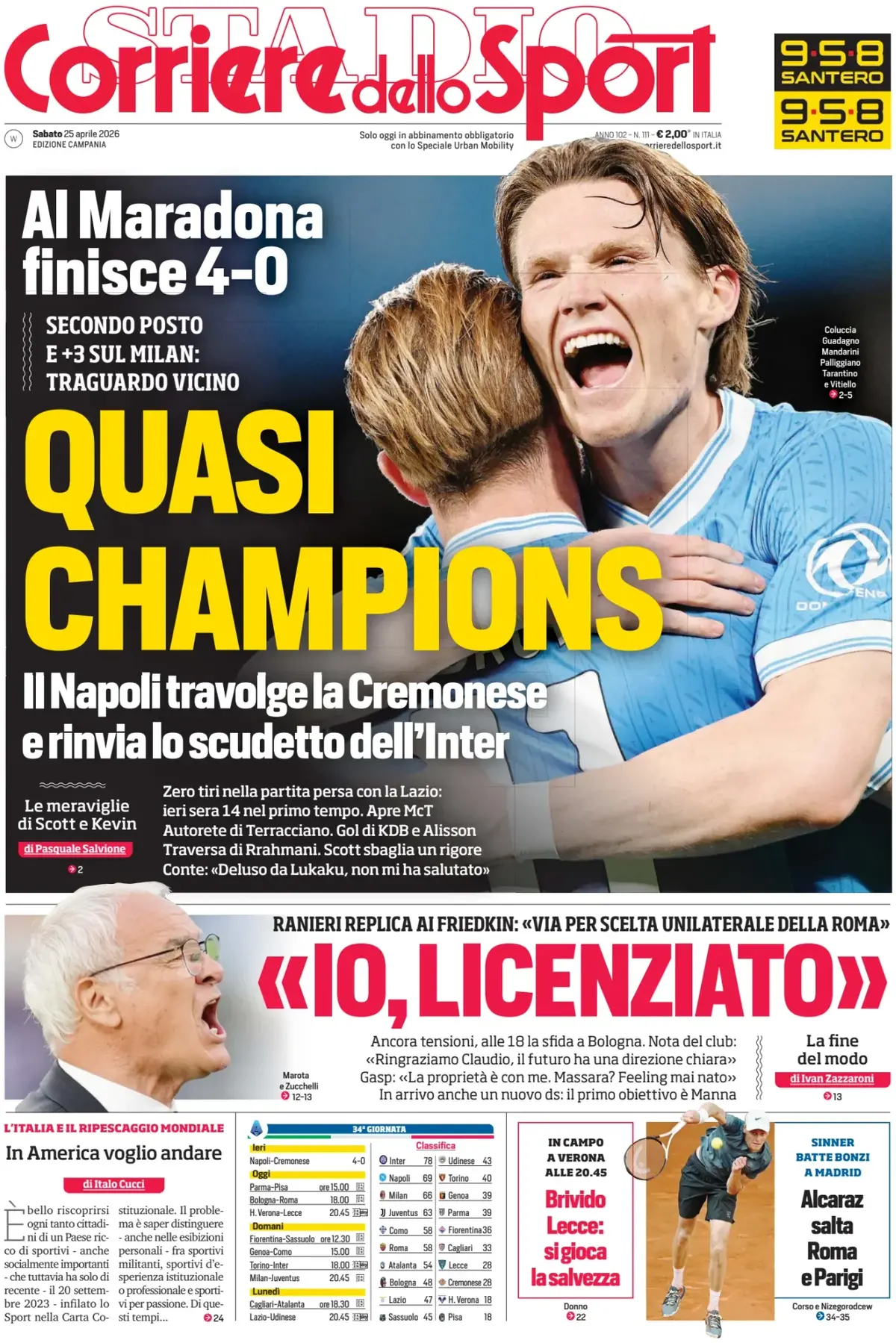 Prima Pagina Corriere dello Sport | Campania 25/04/2026